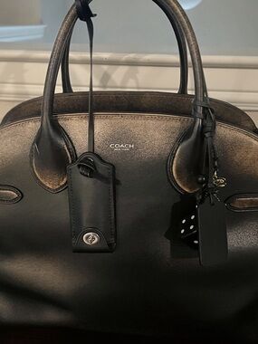 Coach Black Leather Dome Satchel with Brushed Gold Accents